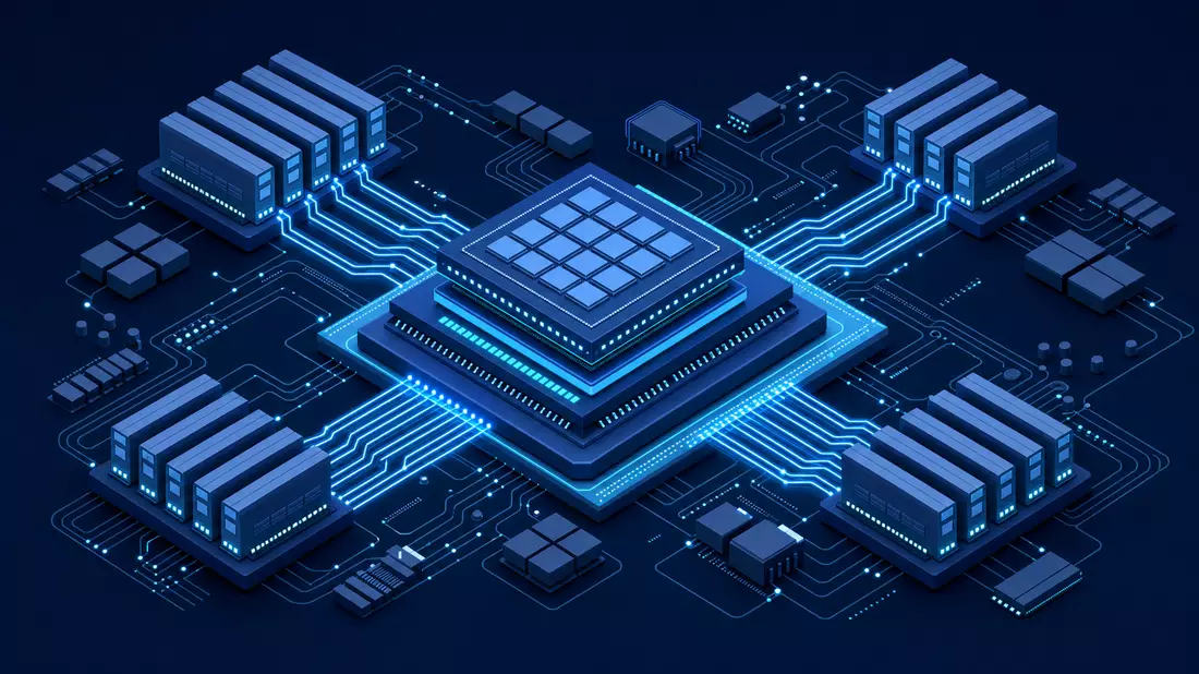 Isometrische 3D-Illustration einer Speichersubsystem-Architektur mit flachen Chip-Blöcken, leuchtend