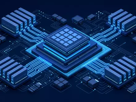 Micron Technology US5951121038 Speicher Architektur als isometrisches 3D Diagramm mit leuchtenden Datenpfaden - Foto: THN