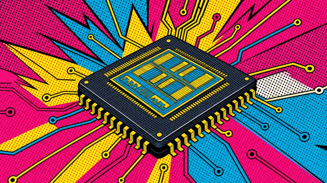 Pop-Art-Comic-Illustration eines Halbleiterspeichers im Roy-Lichtenstein-Stil mit Ben-Day-Punktraster, fetten schwarzen Konturen und knalligen Farben Magenta, Gelb, Cyan