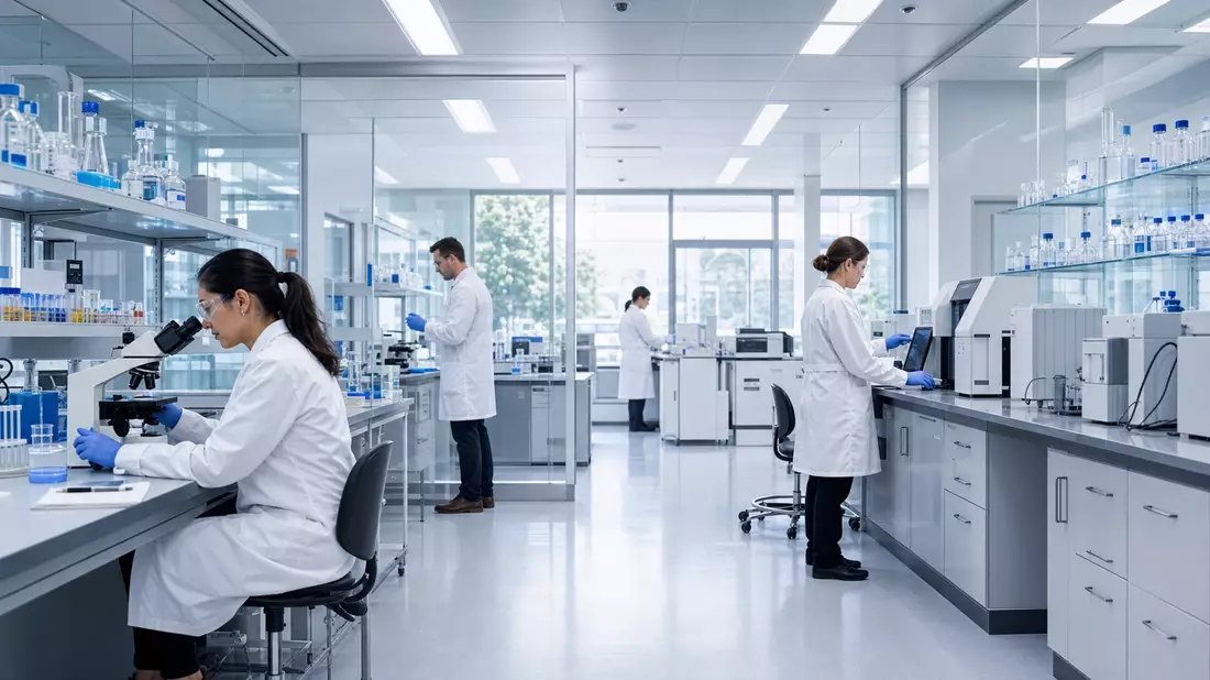 Fotorealistisches Pharmaforschungslabor mit Wissenschaftlern in weißen Kitteln an Mikroskopen und Analysegeräten bei hellem klinischen Licht