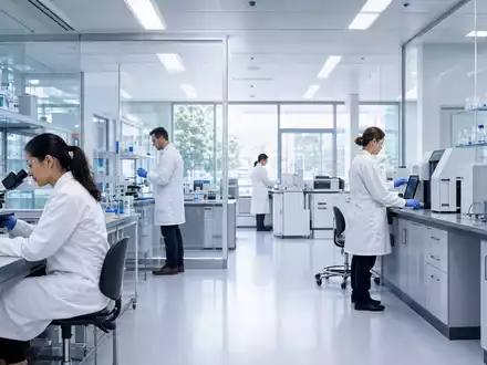 AstraZeneca US6549022043 zeigt modernes Pharma Forschungslabor mit Wissenschaftlern an Mikroskopen und Analysegeräten - Foto: THN