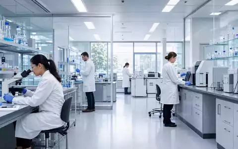 AstraZeneca US6549022043 zeigt modernes Pharma Forschungslabor mit Wissenschaftlern an Mikroskopen und AnalysegerÀten - Foto: THN