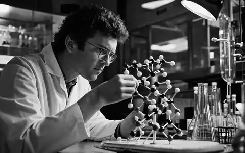 AstraZeneca US6549022043 Schwarz WeiĂ Reportage eines Forschers mit MolekĂŒlmodell im Pharmalabor dramatisch beleuchtet - Foto: THN