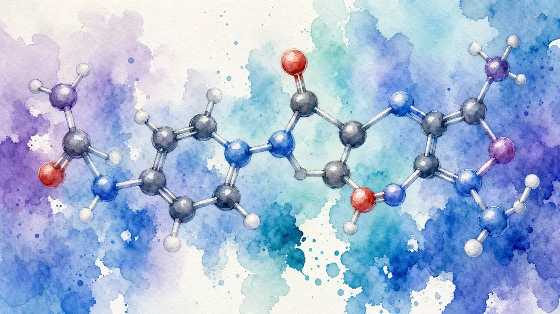Aquarellmalerei eines abstrakten Pharmamoleküls mit Atombindungen in Blau, Türkis und Violett auf weißem Papier mit weichen Farbverläufen