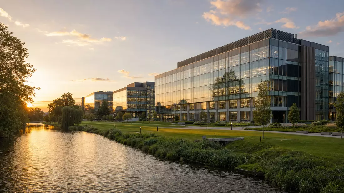 Architekturaufnahme eines modernen Pharmaforschungscampus mit Glas-Stahl-Gebäuden an einem Fluss in Cambridge UK bei goldenem Abendlicht