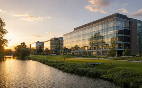 AstraZeneca US6549022043 Forschungscampus Cambridge UK modernes Glasgebäude am Fluss bei goldenem Abendlicht - Foto: THN