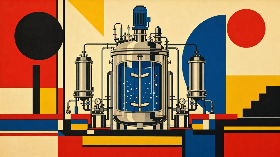 Bauhaus-Plakatstil-Illustration eines industriellen Pharma-Bioreaktors mit geometrischen Formen in Primärfarben Rot, Gelb und Blau im Konstruktivismus-Stil