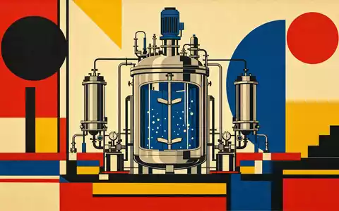 AstraZeneca US6549022043 Bauhaus Poster mit industriellem Bioreaktor in geometrischen Primärfarben Rot Gelb Blau - Foto: THN