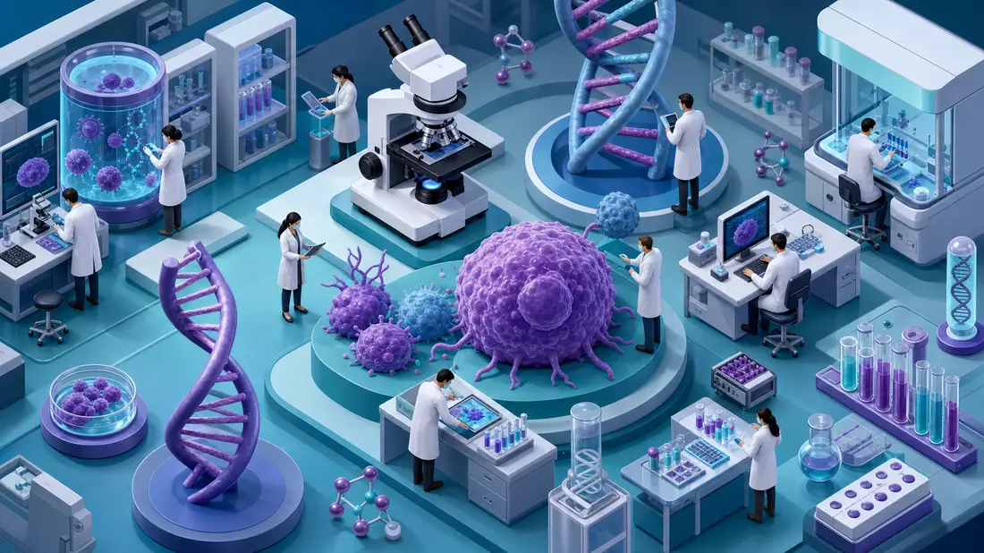 Isometrische 3D-Illustration eines Onkologie-Forschungslabors mit miniaturisierten Wissenschaftlern, DNA-Helices und Krebszellen in Blau-Violett-Palette