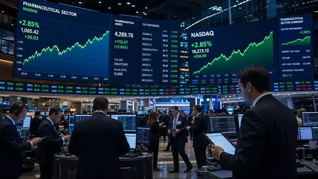 Redaktionelle Fotografie eines NASDAQ-Börsenhandelsraums mit digitalen Großbildschirmen für steigende Pharmasektorkurven und Händlern im Hintergrund