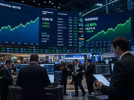 AstraZeneca US6549022043 NASDAQ Börsensaal mit Pharmasektor steigenden Kurskurven auf digitalen Großbildschirmen sichtbar - Foto: THN