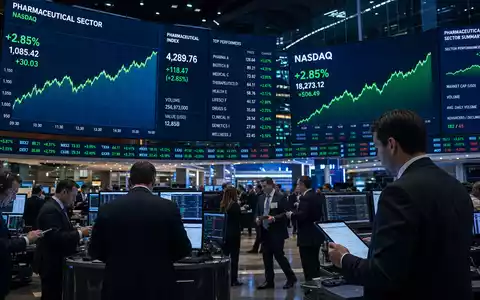 AstraZeneca US6549022043 NASDAQ Börsensaal mit Pharmasektor steigenden Kurskurven auf digitalen GroĂbildschirmen sichtbar - Foto: THN