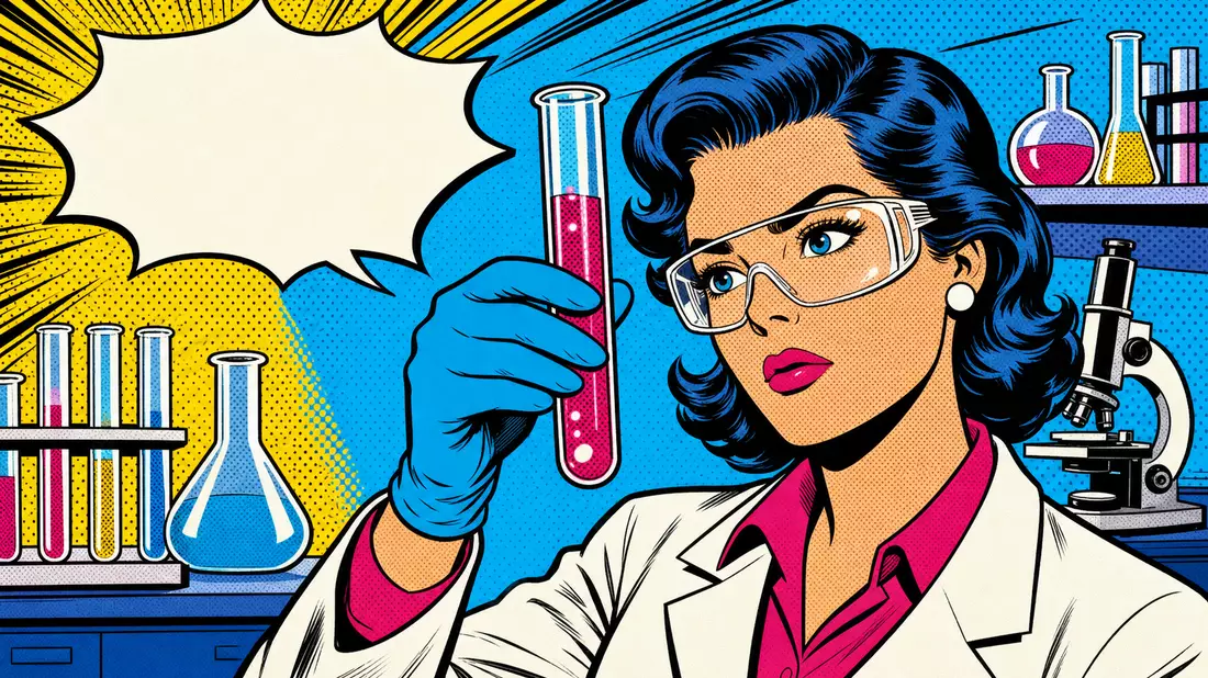 Pop-Art-Comic-Illustration einer Wissenschaftlerin mit Reagenzglas im Lichtenstein-Stil, Halbtonpunk