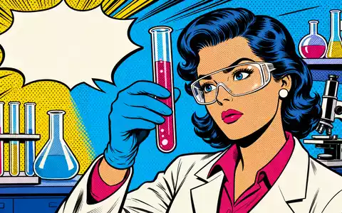 AstraZeneca US6549022043 Pop Art Comic Wissenschaftlerin hält Reagenzglas mit Halbtonpunkten Primärfarben Labor - Foto: THN