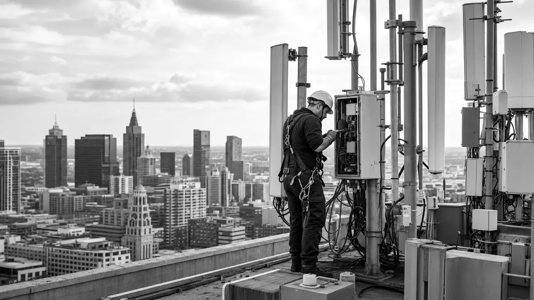Techniker wartet Antennenanlage auf Hochhausdach vor Skyline, dokumentarisches Schwarzweißfoto