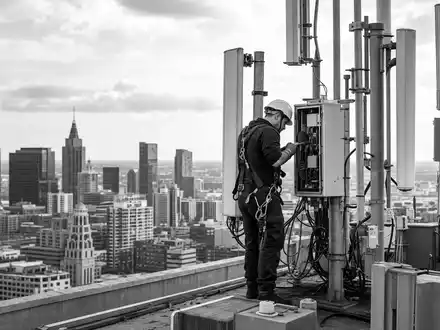 Schwarzweiß-Reportagefoto eines Technikers bei T-Mobile US Inc. (US8725901040), der Antennen auf einem Hochhausdach wartet - Foto: THN