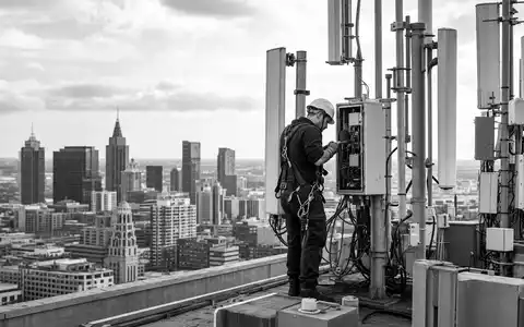 SchwarzweiĂ-Reportagefoto eines Technikers bei T-Mobile US Inc. (US8725901040), der Antennen auf einem Hochhausdach wartet - Foto: THN