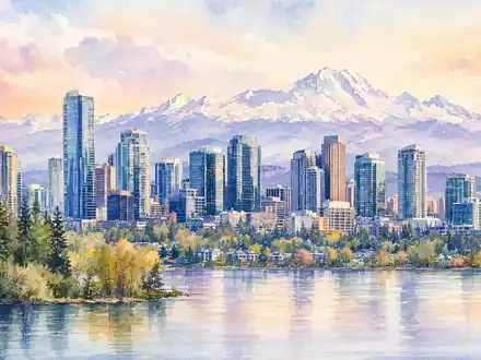 Aquarellbild der Skyline von Bellevue, Sitz von T-Mobile US Inc. (US8725901040), mit Bergpanorama - Foto: THN