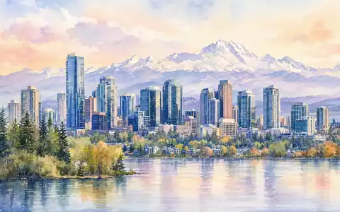 Aquarellbild der Skyline von Bellevue, Sitz von T-Mobile US Inc. (US8725901040), mit Bergpanorama - Foto: THN