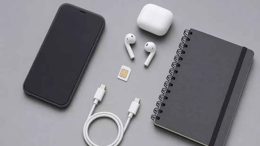 Flatlay-Draufsicht einer generischen SIM-Karte, Smartphone, kabelloser Kopfhörer, Ladekabel und Noti