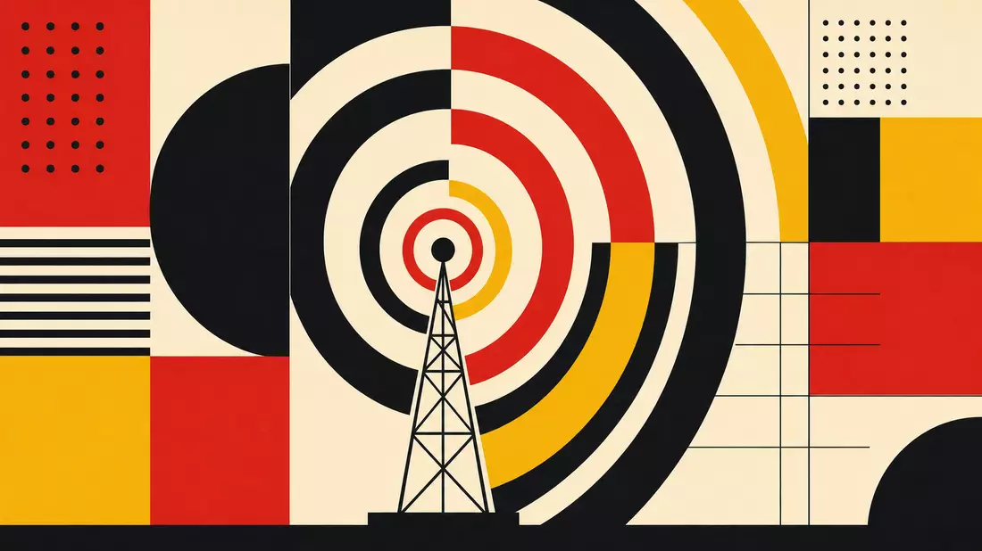 Bauhaus-Grafikdesign mit abstrakten Funkwellen-Kreisen, die von einem Sendemasten ausstrahlen, kräft
