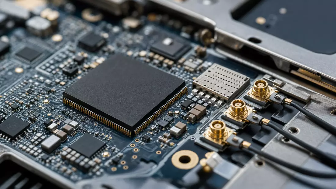 Extreme Nahaufnahme einer Leiterplatte mit 5G-Modemchip und goldenen Antennenanschlüssen