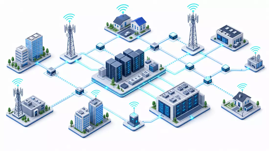 Isometrische 3D-Illustration eines generischen Telekommunikationsnetzwerks mit Sendemasten, Rechenze