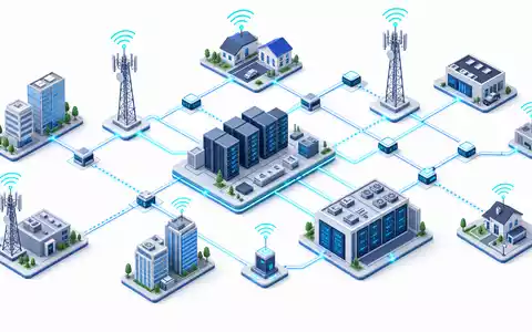 T-Mobile US8725901040 visualisiert ein isometrisches 3D Telekommunikationsnetz mit Sendemasten Rechenzentren und Datenleitungen. - Foto: THN