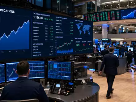 Börsen-Editorialfoto der Nasdaq-Handelsfläche mit Telekommunikations-Charts symbolisiert die Notierung von T-Mobile US Inc. (US8725901040) - Foto: THN