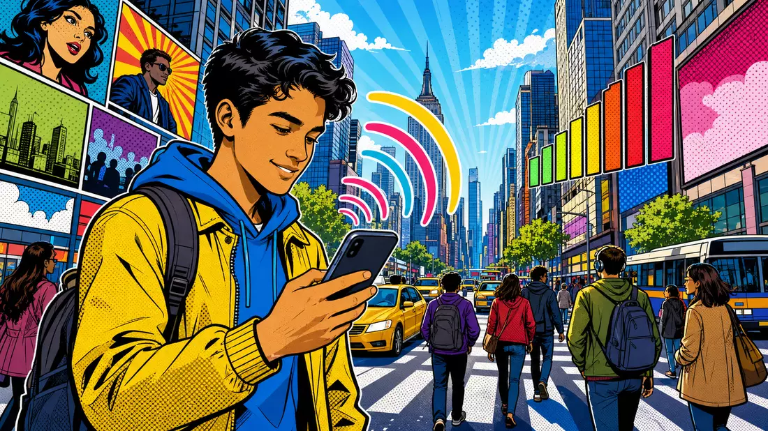 Roy-Lichtenstein-inspiriertes Pop-Art-Comicbild einer Retro-Frau, die ein generisches Smartphone ans