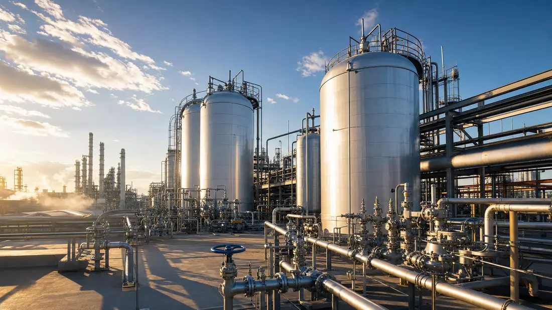 Fotorealistische Aufnahme massiver Edelstahl-Druckbehälter und Rohrleitungen einer Industriegas-Anlage im Gegenlicht der Abendsonne