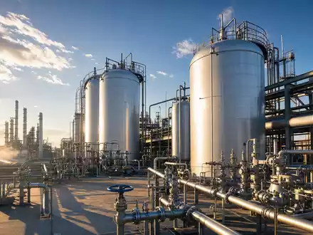 Linde PLC IE00BZ12WP82 betreibt riesige glänzende Industriegas Tanks und verzweigte Rohrleitungen in einer modernen Chemieanlage - Foto: THN