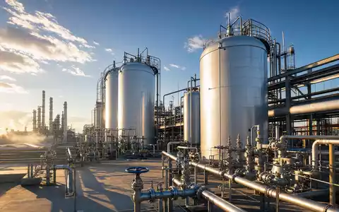 Linde PLC IE00BZ12WP82 betreibt riesige glÀnzende Industriegas Tanks und verzweigte Rohrleitungen in einer modernen Chemieanlage - Foto: THN