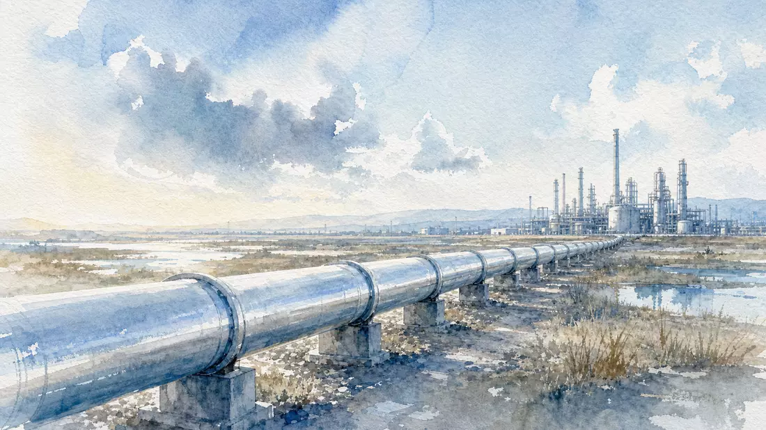 Aquarellgemälde einer langen Wasserstoff-Pipeline über offenes Industriegelände mit Gasanlage am Horizont in zarten Blau- und Silbertönen