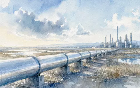 Linde PLC IE00BZ12WP82 Wasserstoff Pipeline in weiter Industrielandschaft als impressionistisches Aquarell in Blautönen gemalt - Foto: THN