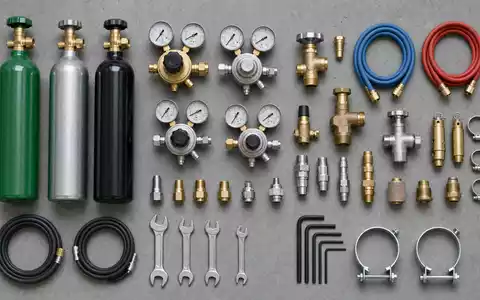 Linde PLC IE00BZ12WP82 Flatlay mit Gasflaschen Druckreglern Manometern Schläuchen und Ventilen auf Betonuntergrund - Foto: THN