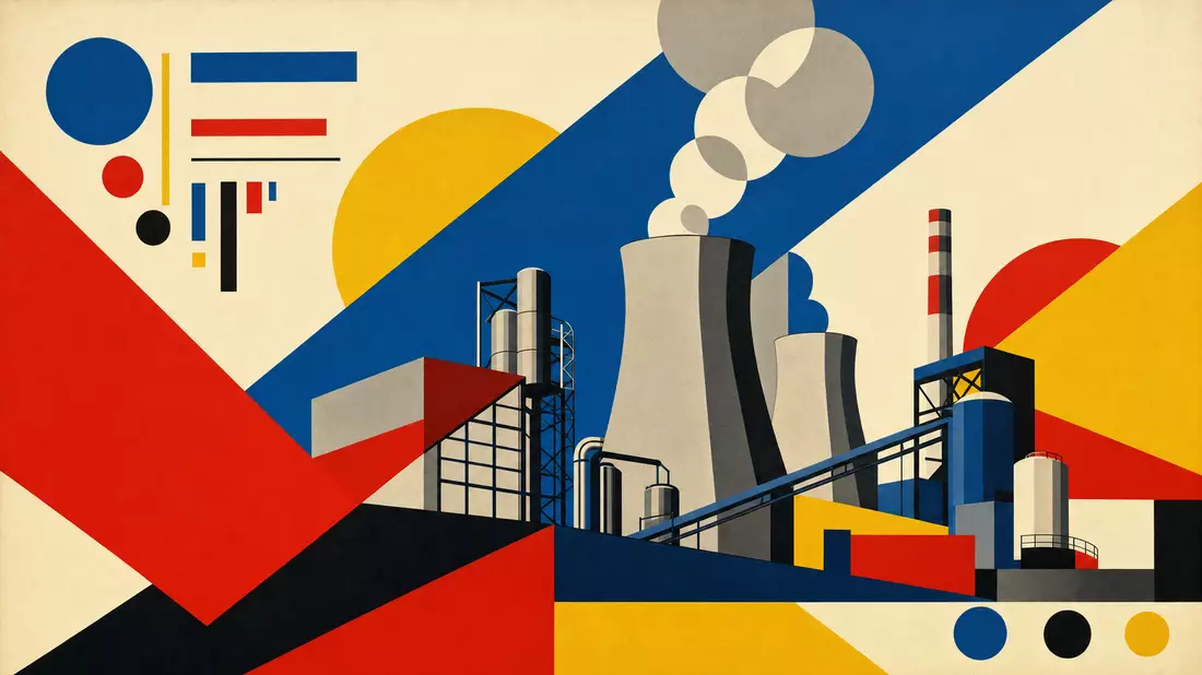 Bauhaus-Grafikposter einer industriellen CO2-Recyclinganlage mit Kühltürmen in stilisierten Primärfa
