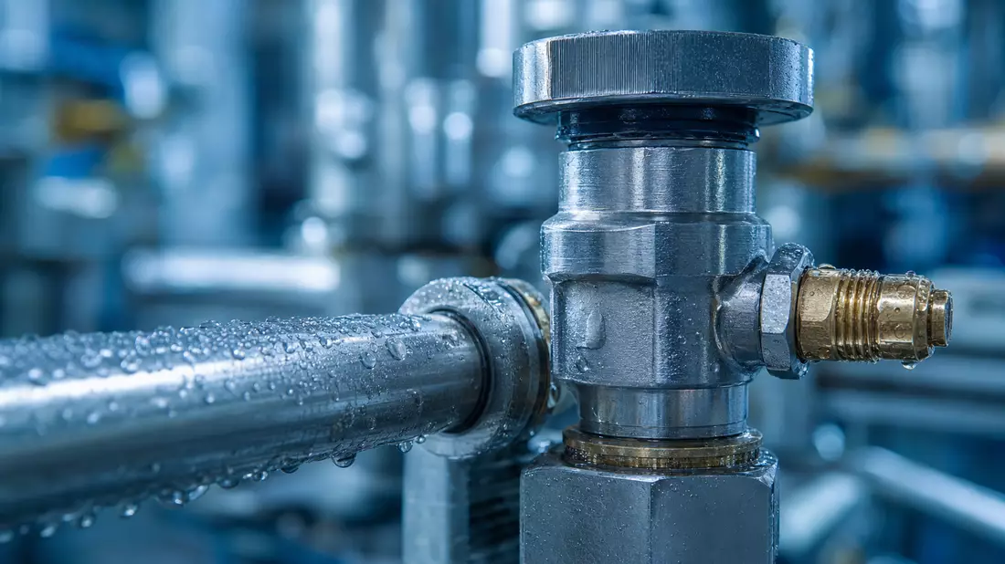 Extreme Nahaufnahme eines Druckventils an einer vereisten Edelstahl-Gasleitung mit Wassertropfen, sc