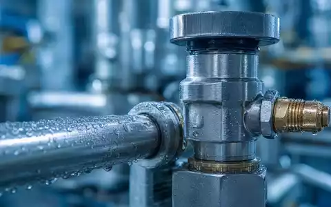 Linde PLC IE00BZ12WP82 Makro Aufnahme eines Druckventils mit Wassertropfen an einer eiskalten Stahlleitung - Foto: THN