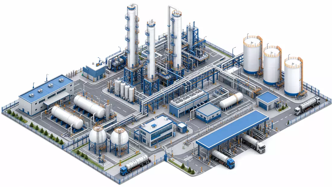 Isometrische 3D-Illustration einer vollständigen Industriegasanlage mit Luftzerlegungskolonnen, Tanks, Rohrsystemen und Verladestationen in Blau-Weiß
