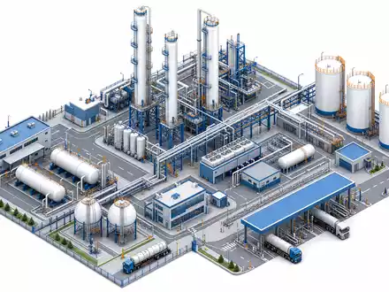 Linde PLC IE00BZ12WP82 als isometrisches 3D Modell einer vollständigen Industriegas Verarbeitungsanlage in Blau und Weiß - Foto: THN