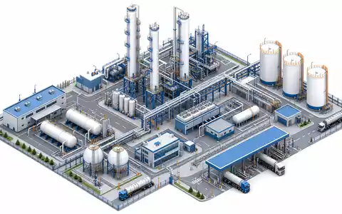 Linde PLC IE00BZ12WP82 als isometrisches 3D Modell einer vollständigen Industriegas Verarbeitungsanlage in Blau und Weiß - Foto: THN