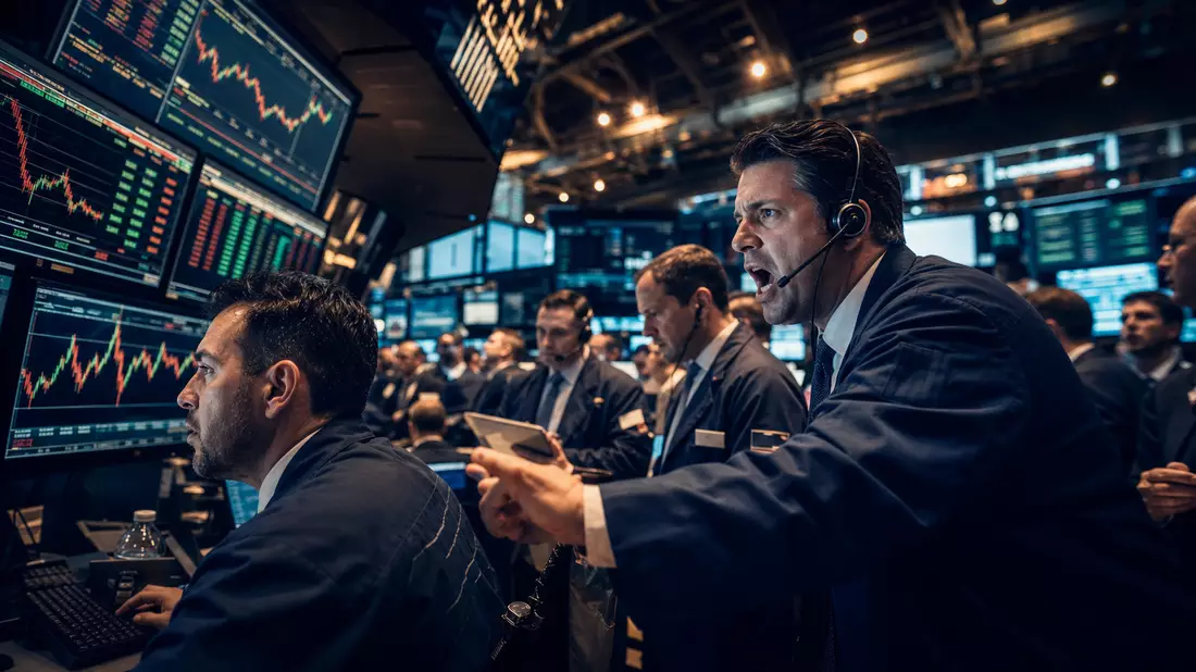 Redaktionelle Fotografie des hektischen NYSE-Handelsparkett mit Händlern in Anzügen vor grünen und roten Kurscharts auf zahlreichen Monitoren