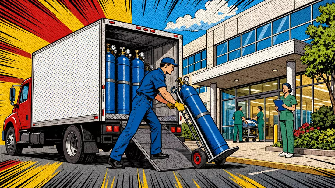 Pop-Art-Comicillustration eines Sauerstofflieferanten beim Entladen blauer Druckgasflaschen vor einem Krankenhaus mit Ben-Day-Rastermustern und kräftigen Primärfarben