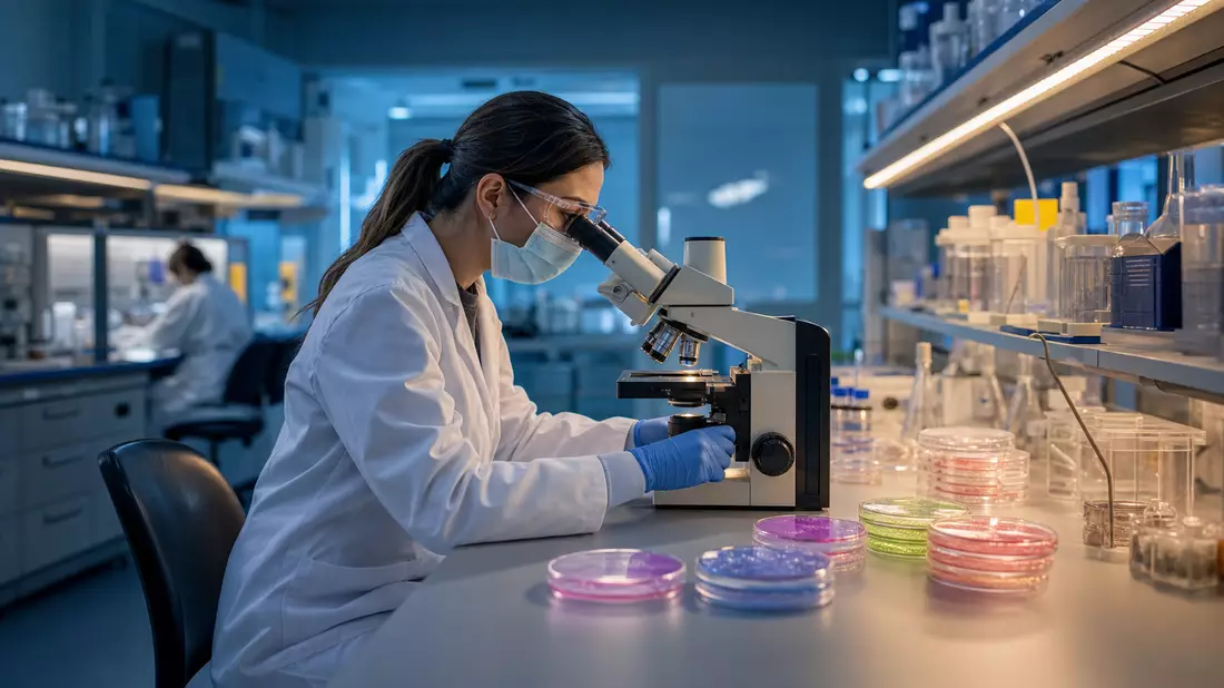 Wissenschaftlerin im Schutzanzug blickt durch ein Fluoreszenzmikroskop auf leuchtende Zellkulturen in einem sterilen Onkologielabor