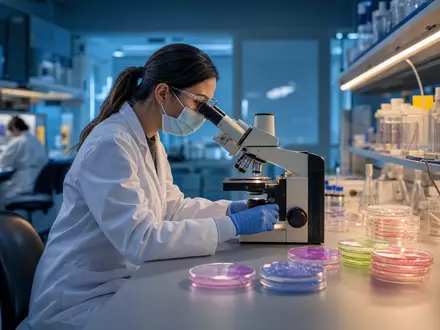Bristol-Myers Squibb US0897961004 zeigt Onkologieforscherin am Mikroskop mit leuchtenden Zellkulturen im sterilen Labor - Foto: THN