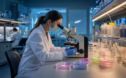 Bristol-Myers Squibb US0897961004 zeigt Onkologieforscherin am Mikroskop mit leuchtenden Zellkulturen im sterilen Labor - Foto: THN