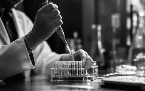 Bristol-Myers Squibb US0897961004 Schwarzweiß-Reportage zeigt Forscher beim Pipettieren biologischer Proben in Reagenzgläser - Foto: THN