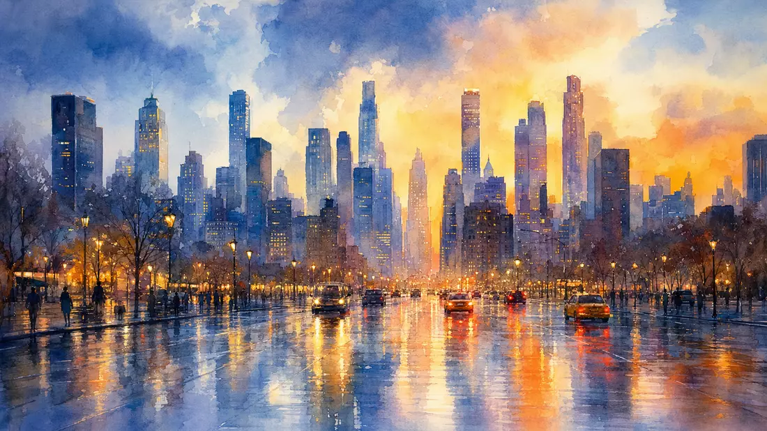 Impressionistische Aquarellmalerei der New Yorker Skyline bei Dämmerung, Wolkenkratzer-Silhouetten in weichen Blau- und Bernsteinwaschen mit Lichtreflexionen auf nassen Straßen