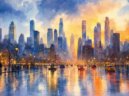 Bristol-Myers Squibb US0897961004 Aquarell New Yorker Skyline beleuchtet durch Abenddämmerung mit goldenen Straßenreflexionen - Foto: THN